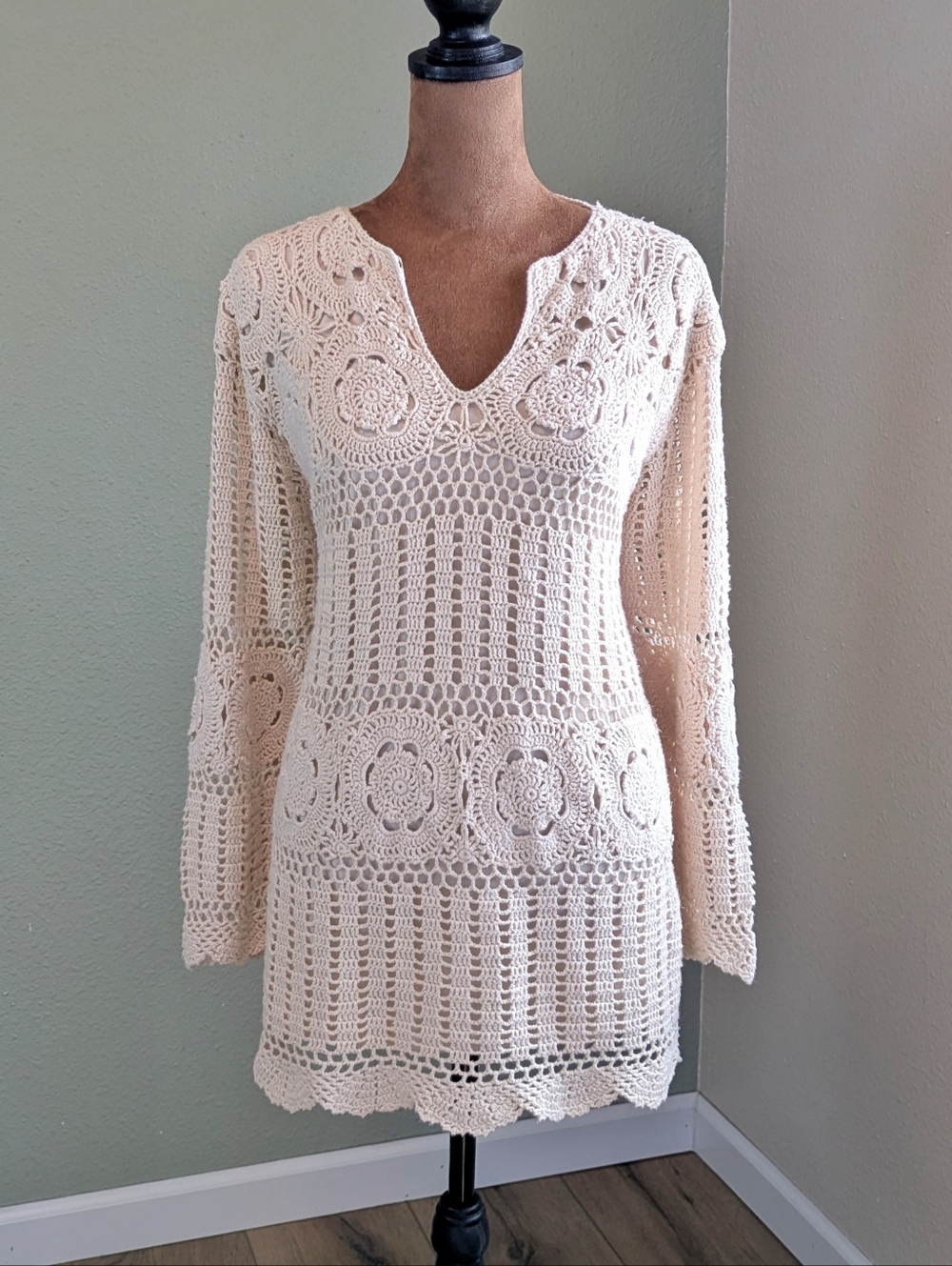 Roaman's Beige Crochet Tunic Top